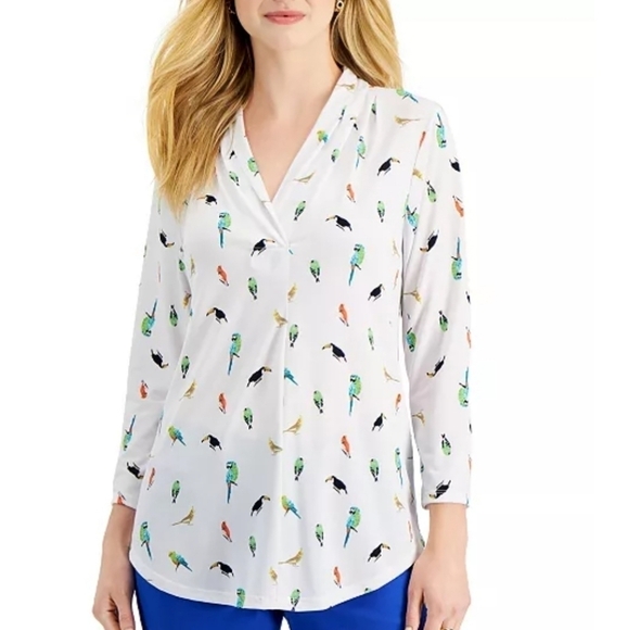 Charter Club Printed Pleat Neck Top 3/4 Length Sleeves Tropical Bird Blouse Sz M - Picture 1 of 12